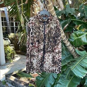 Chicos leopard print zip up sheer funnel neck jacket with studs